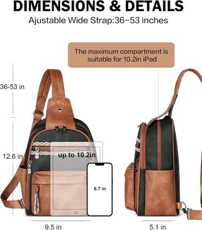 FADEON Large Sling Bag for Women, Leather Crossbody Purse Designer Anti Theft Sling Backpack, RFID Fanny Packs for Travel