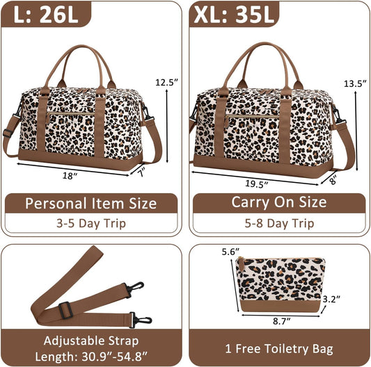 Travel Duffle Bag for Women, Weekender Bags, Hospital Bag for Labor Delivery, Lightweight Tote Duffel Overnight Bag with Luggage Sleeve, Airplane Travel Bags with Toiletry Bag,Large,Leopard
