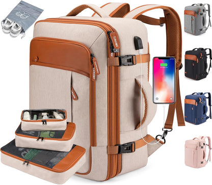 Travel Laptop Backpack,42L Carry on Luggage, Flight Approved Expandable Backpack,Business Anti Theft Weekender Bags for Women Men, Water Resistant Expandable Backpacks With 4 Packing Cubes