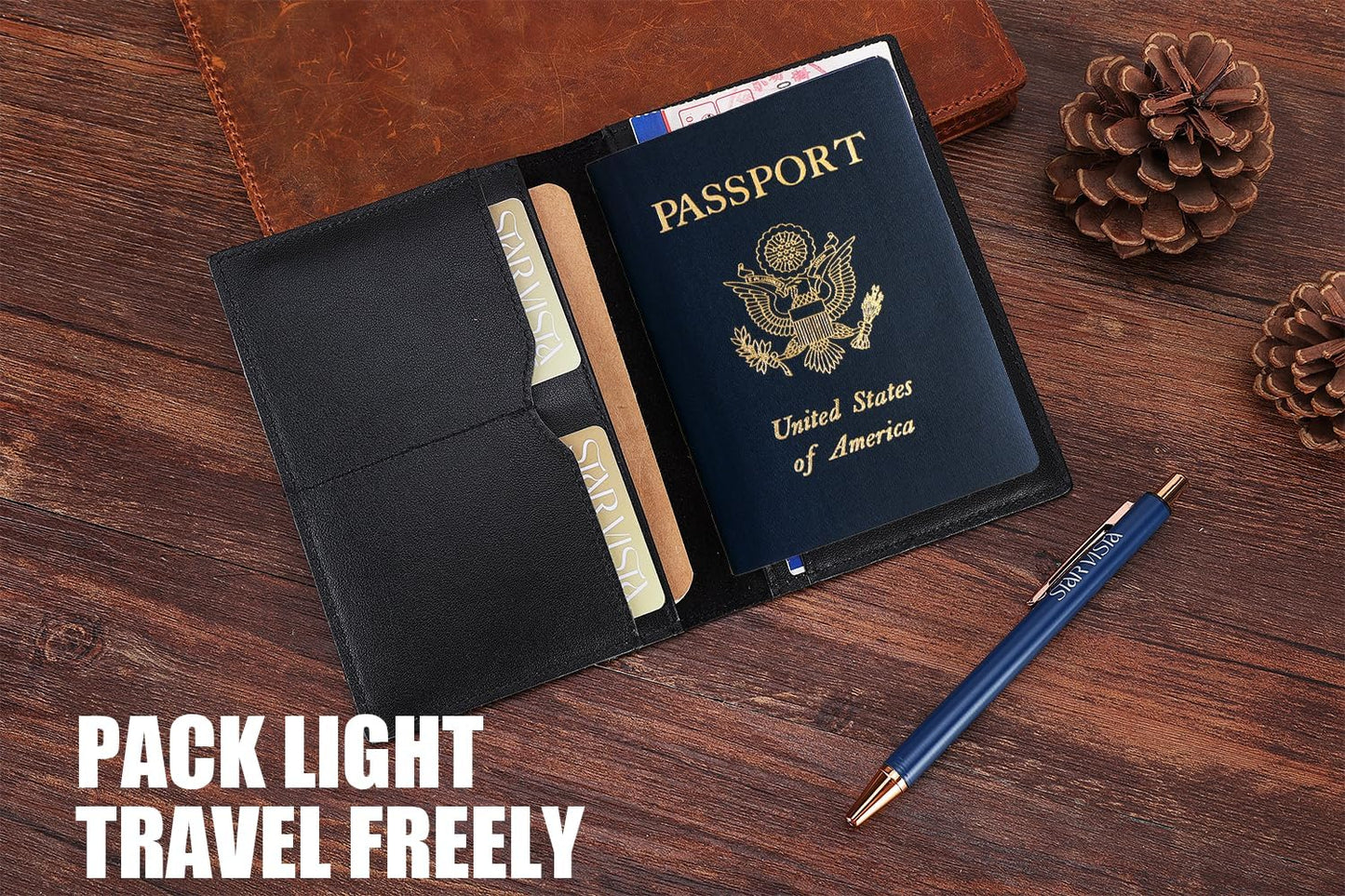 STAR VISTA Albatross Leather Travel Passport Holder, Minimalist Design, Calfskin Leather Case for Women and Men - Slim Passport Wallet, Bifold, RFID Blocking, Black