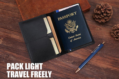 STAR VISTA Albatross Leather Travel Passport Holder, Minimalist Design, Calfskin Leather Case for Women and Men - Slim Passport Wallet, Bifold, RFID Blocking, Black