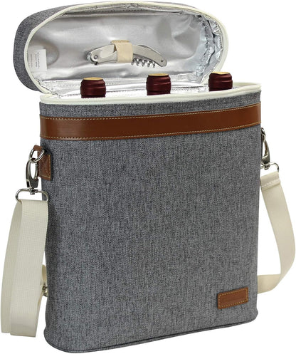 3 Bottle Insulated Wine Tote Carrier Bag, Portable Travel Padded Wine Cooler - Corkscrew Opener, Handle and Adjustable Shoulder Strap, Wine Lover Travel Picnic Party Wedding Wine Tote Grey