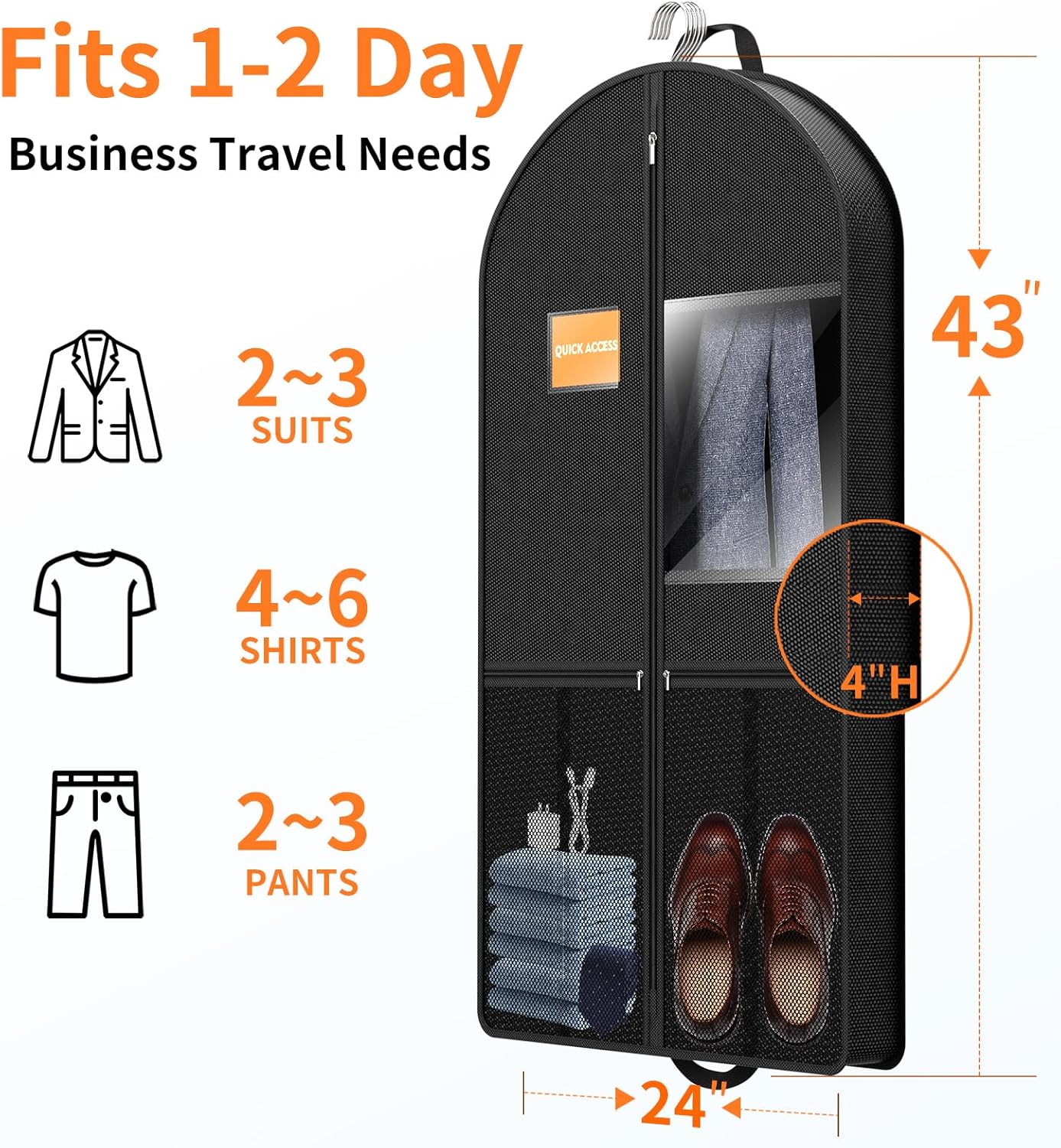 Travel Garment Bag Suits Clothes : 43 Inch 5 Packs Lightweight Breathable Zippered Black Fabric - Clothes Carry Short Men - Wardrobe Carry Coat Jacket Uniform Tuxedo Shirt