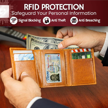 BULL GUARD Best Leather Men's RFID Trifold Wallet With ID Great Outdoor Wallet
