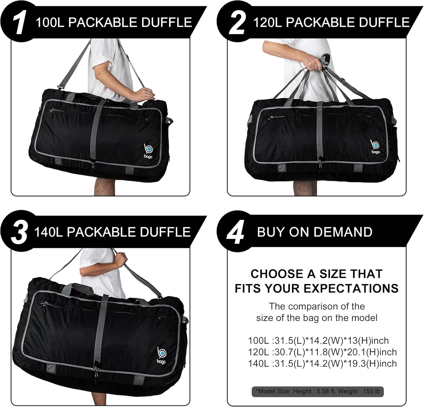 Bago Large Foldable Duffel Bags for Traveling Women & Men - 120L Packable Duffle Bag for Travel with Shoe Compartment - Water Repellant, Heavy Duty, Lightweight Folding & Collapsible (SnowDepPurple)