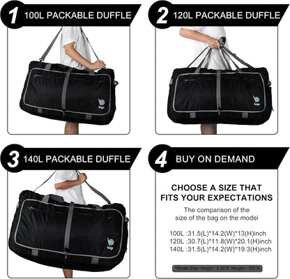 Bago Large Foldable Duffel Bags for Traveling Women & Men - 120L Packable Duffle Bag for Travel with Shoe Compartment - Water Repellant, Heavy Duty, Lightweight Folding & Collapsible (Blue)