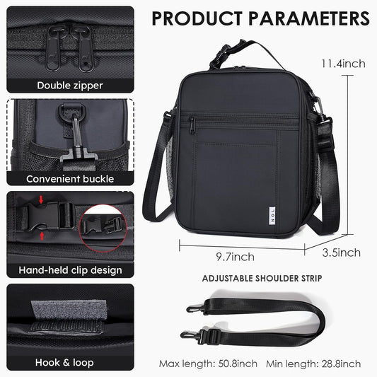NOL Nylon Waterproof Kids Lunch Bag, Insulated Lunch Bag, Lunch box Cooler, Reusable, Zip Closure with Buckle Handle Holds Lunch Box, Snacks & Water Bottle for School Work,Black