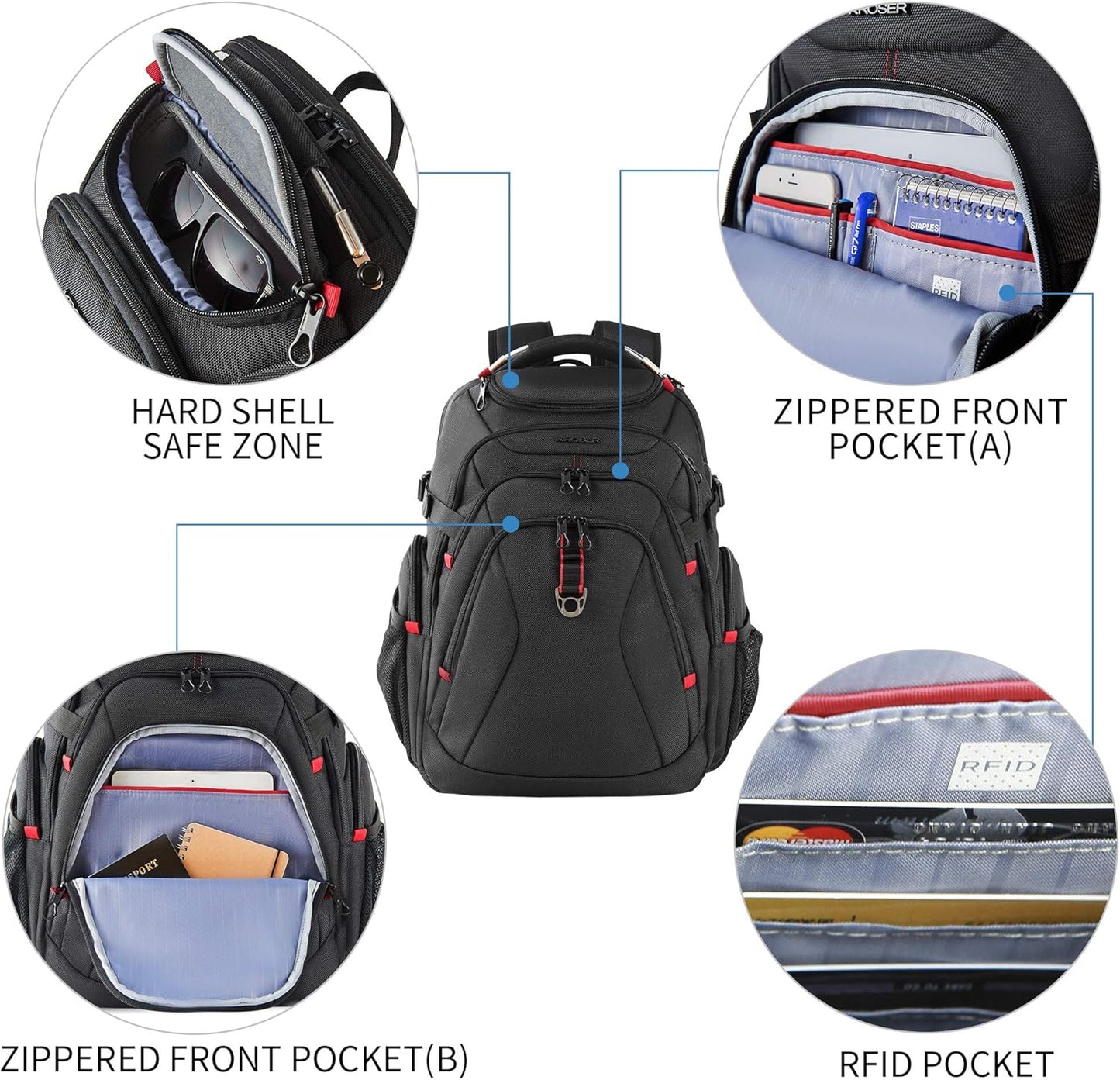 KROSER Travel Laptop Backpack 17.3 Inch XL Computer Backpack with Hard Shell Saferoom RFID Pockets Water-Repellent Business College Daypack Stylish Bag for Men/Women-Black