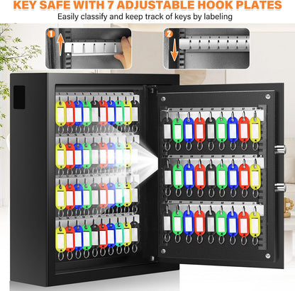 71 Keys Fireproof Key Lock Box, Anti-Theft Key Box Wall Mount with Adjustable Hook Plates, Key Tags and Side Opening, Key Safe Key Cabinet Key Organizer for Home Office Garage Rental Business