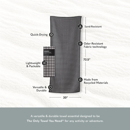 Nomadix Original Towel - Perfect for Beach, Pool, Travel, Camping, Yoga - Made with Recycled Materials - Super Absorbent - Sand Resistant - Gingham Black - 72.5x30
