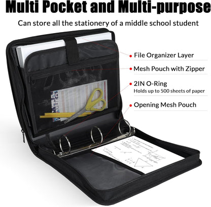 SUNEE Zippered Binder Bag with Handle, 2-Inch 3-Ring O-Ring, 500-Sheet Capacity, Includes Zip Pocket, 5-Tab Expanding File Folder, Multi-Pocket Organizer Binder Suitable for Middle School, Black