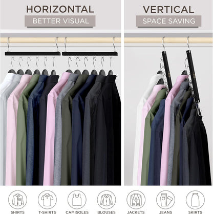MORALVE Space Saving Hangers for Closet – 4 Pack European Beechwood 6-Tier Shirt Organizer with 360° Swivel Hook – Collapsible Clothes Hanger for Closet Organization (Hangers Not Included)