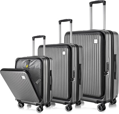 Luggage Sets 3 Piece, ABS Lightweight 20in/24in/28in Luggage, Expandable Carry On Suitcase Set with TSA Lock & Double Wheels, Front Open Hardshell Luggage Sets (Grey)
