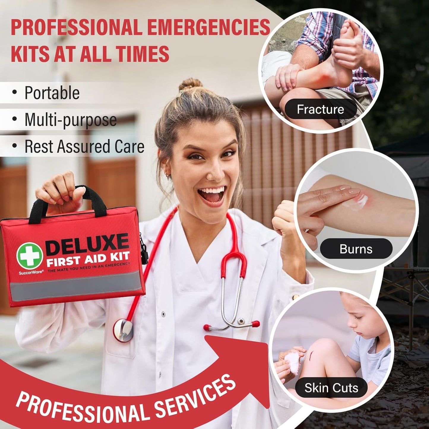 380 Pieces Deluxe First Aid Kit Compact Trauma Medical Kits with Assorted Bandages, Instant Cold Pack, Emergency Blanket for Home, Travel, Camping, Vehicle, Emergency Kits(Red)
