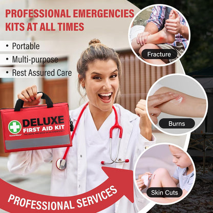 380 Pieces Deluxe First Aid Kit Compact Trauma Medical Kits with Assorted Bandages, Instant Cold Pack, Emergency Blanket for Home, Travel, Camping, Vehicle, Emergency Kits(Red)