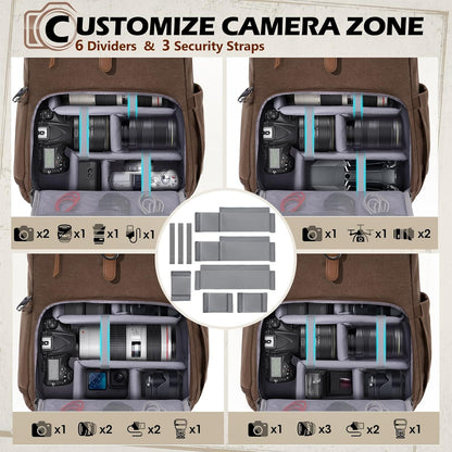 RAINSMORE Camera Bag Backpack for DSLR/SLR Mirrorless 15.6 Inch Laptop Camera Back Pack for Photographers Anti-Theft Photography Bags Case with Tripod Holder & Rain Cover, Coffee