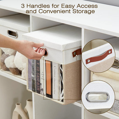 Fabric Storage Cubes with Clear Windows and Lids 11'' Foldable Storage Bins with 3 Handles, Decorative Storage Boxes for Home, Bedroom, Closet, Office (Beige & White)