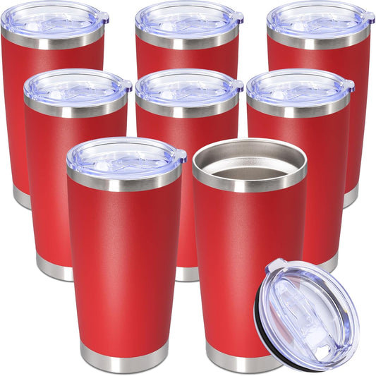 20oz Tumbler Bulk Stainless Steel Tumbler Cup with Lid Vacuum Insulated Double Wall Travel Mug, Durable Powder Coated Travel Coffee Tumbler Mug for Hot & Cold Drinks, Red,8 Pack