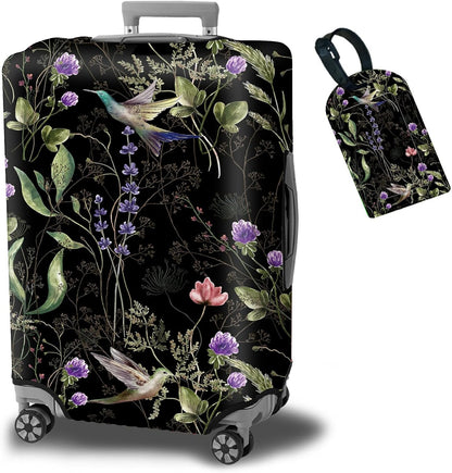 Luggage Cover Suitcase Protector + Luggage Tag, Wild Flowers Hummingbird Travel Suitcase Cover for 29-30 inch Luggage (XL) with Concealed Zipper Washable Elastic Cloth Dustproof Anti-Scratch