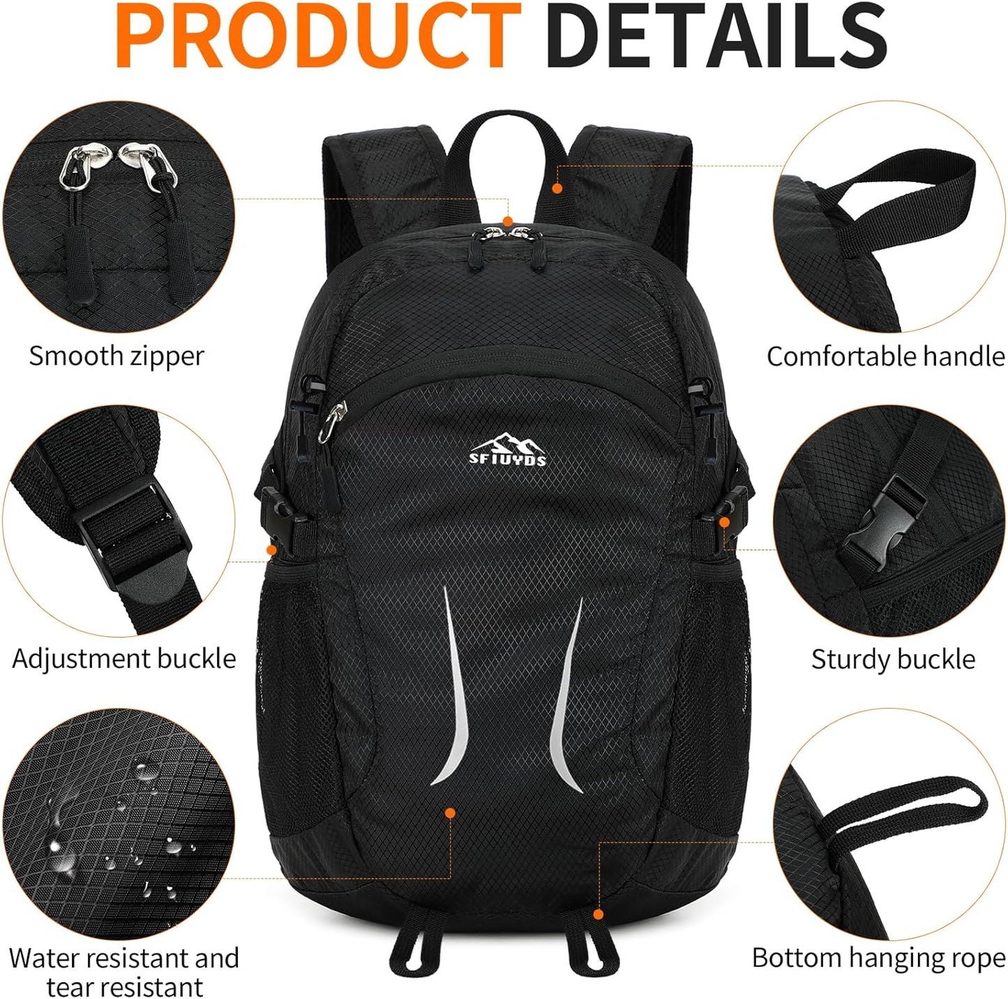 Large Hiking Daypack,30L Water Resistant Hiking Backpack Packable Lightweight Travel Day Pack for Women Men (Black, Large)