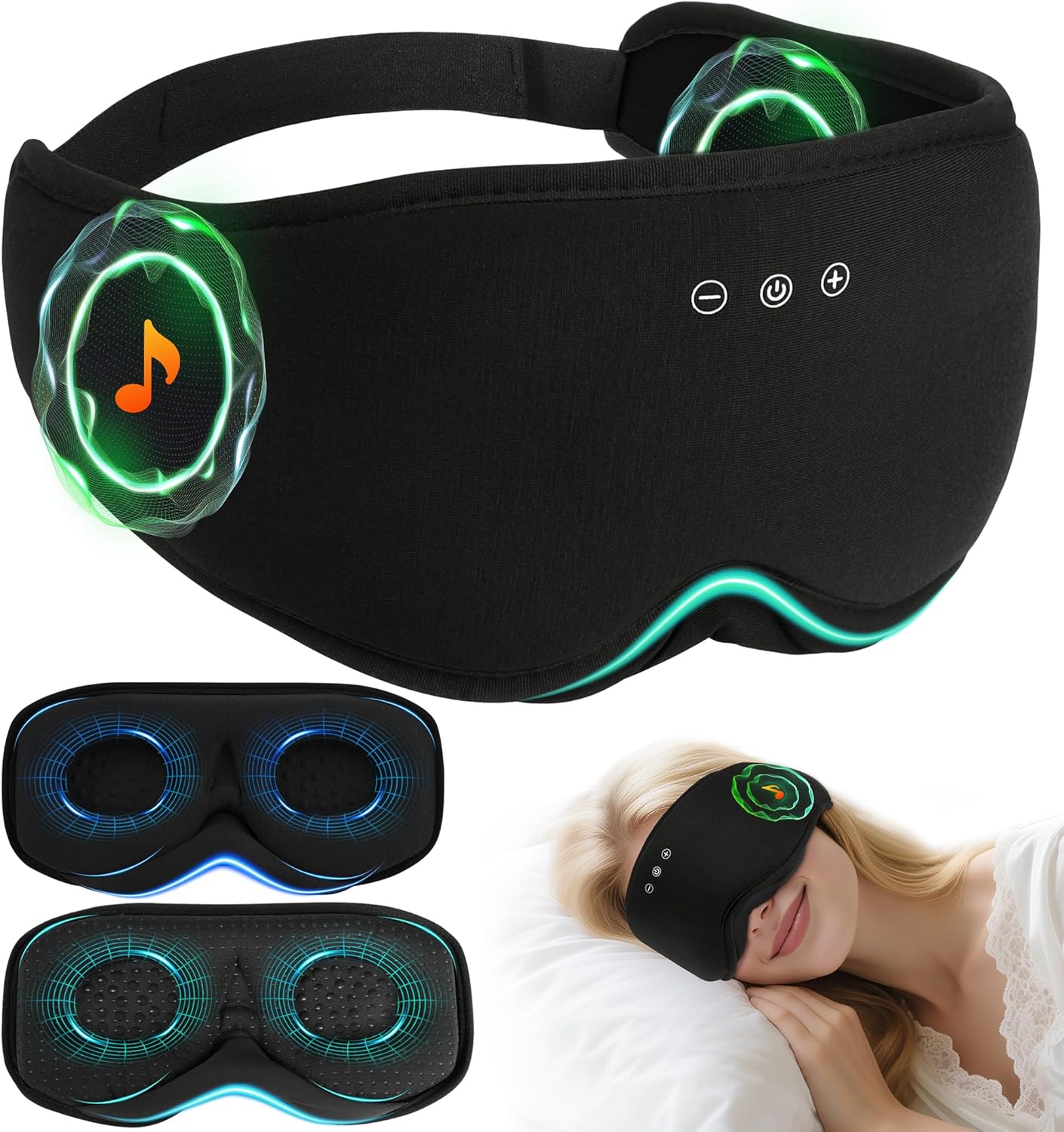 LC-dolida Bamboo Cotton Bluetooth Sleep Mask, 2 in 1 3D Soft Sleep Mask with Sleep Headphones, Sleep Eye Mask with Timming Setting, Blackout Sleeping Mask for Side Sleepers, Women Men, Black