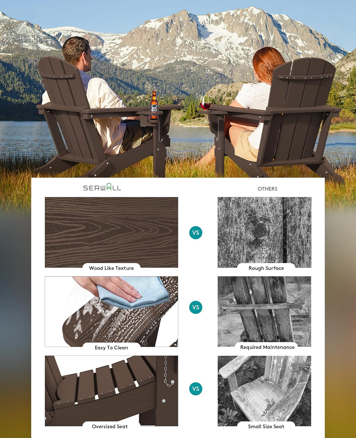 SERWALL Adirondack Chair with Cup Holders - Composite Adirondack Chairs Set of 6 HDPE Outdoor Chairs All Weather Use- Coffee