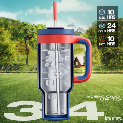 POWCAN 40 oz Tumbler with Handle, 2-in-1 Metal Straw and Sip Lid, Leakproof, Dishwasher Safe, Insulated Stainless Steel Travel Coffee Mug, Keeps Cold for 34 Hours, Fits in Car Cup Holder (Heroic)
