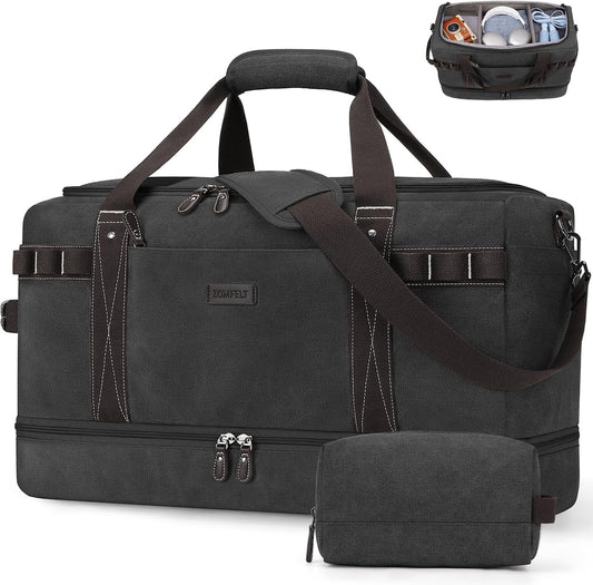 ZOMFELT Travel Duffle Bag for Men, Waterproof Canvas Overnight Duffel Bag with Removable Dividers & Shoe Compartment, Carry On Weekender Gym bag, Multi-Pocket & Vintage Design (Washed Black)