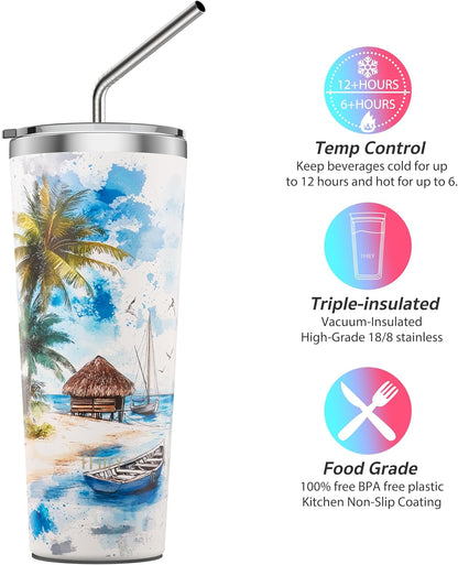 THILY Vacuum Insulated Stainless Steel Tumbler Travel Mug 26 oz Coffee Cup with 2 Lids and Straws, Splash Proof, Reusable, Keep Iced Drinks Cold, Coastal Breeze