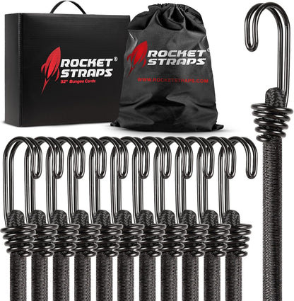 Rocket Straps - Ultimate Outdoor Bungee Cord Assortment - Heavy Duty Set of 12 Bungee Cords (72") Double-J Hooks - Elastic Straps for Camping, Securing, and DIY and Multipurpose