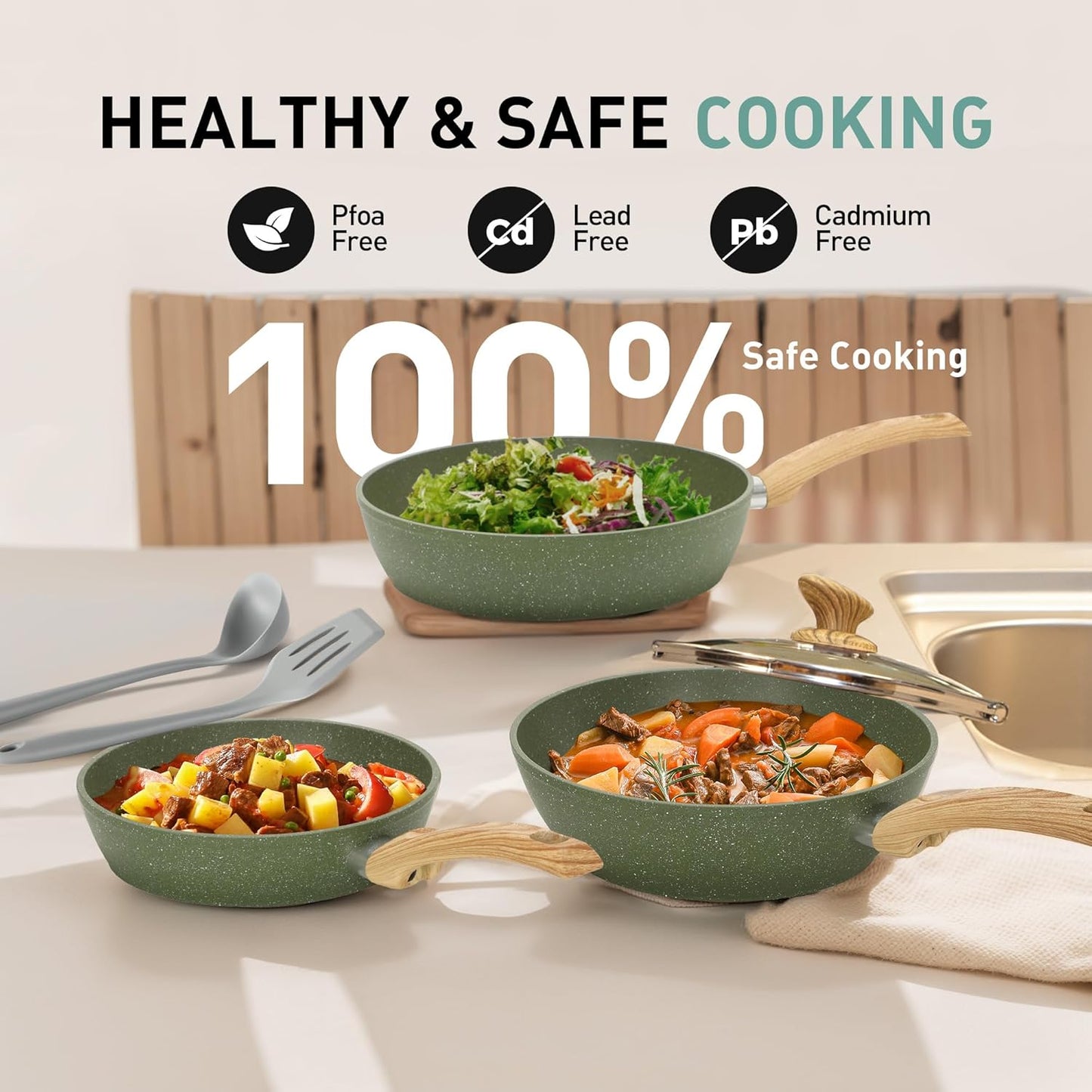 MAISON ARTS Pots and Pans Set Non Stick, 12 Piece Green Granite Kitchen Cookware Induction Compatible, Pot and Pan Sets for Cooking Nonstick