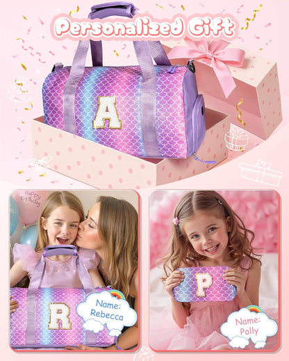 Gifts for 3 4 5 6 7 8 9 Year Old Girls-Girl Gym Bag with Shoe Compartment, Kid Personalized Weekender Overnight Bags, Initial Travel Tote with Makeup Pouch, Easter Gift for Teen (Letter C)