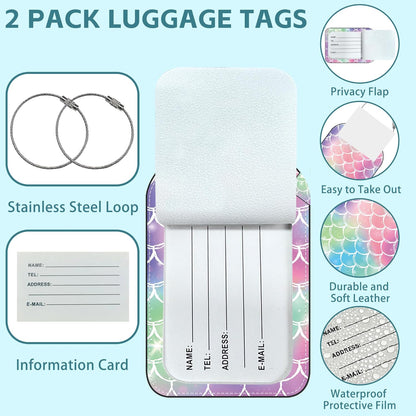 Tie-dye Fish Scale Luggage Tag for Suitcase Set of 2 PU Leather Cute Luggage Tags with Stainless Metal Loop ID Label Privacy Flap Suitcase Tags for Women and Men Travel