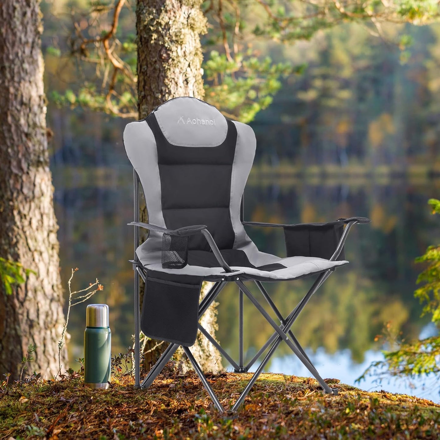 2 Pack Camp Chairs for Heavy People, Outdoor Folding Camping Chairs with Cup Holder & Cooler Bag for Outside Supports up to 300lbs (2 Pcs, Black)
