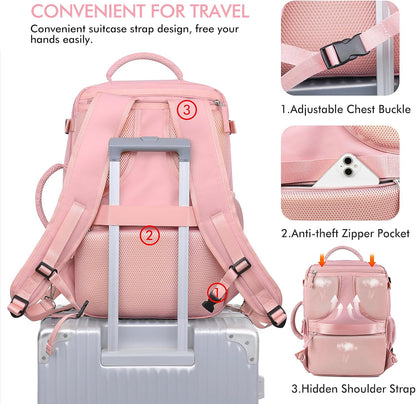 Beraliy Travel Backpack for Women, Airline Approved Bag, Carry On Waterproof Hiking Backpack, 16 inch Laptop Backpack, Overnight Bag, Pink