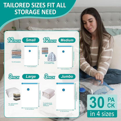 Cozy Essential 30 Pack Vacuum Storage Bags with Portable Electric Pump, Vacuum Seal Space Saver Bags for Clothing, Pillows, Blanket, Bedding, Comforter