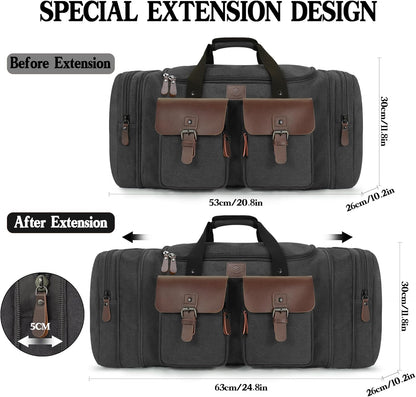 Canvas Duffle Bag for Men 50L Travel Duffel Bags Expandable Genuine Leather Overnight Weekender Carry On Bag Two Zipper Pockets Travel Bag (Black, Large-50L)