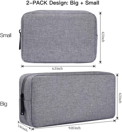 Portable Electronics Accessories Storage Bag, 2PCS Big + Small Carrying Case Travel Cable Organizer Cosmetic Bag Pouch Compatible Hard Drive, Power Bank, Mouse, Laptop Charger, Cellphone, Gray