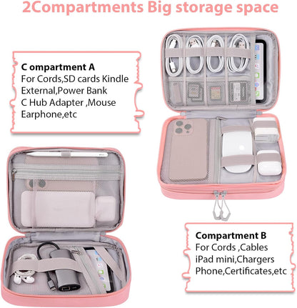 DDgro Electornics Travel Organizer Case for Cable/Cords/Charger/Tech Accessories, Large Pouch Bag for Woman (Pink, PU-Large)