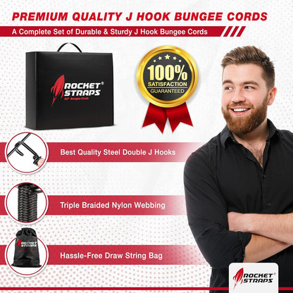 Ultimate Outdoor Bungee Cord Assortment - Heavy Duty Set of 12 Bungee Cords Double-J Hooks - Elastic Straps for Camping, Securing, and DIY (12pc - 32" Double J Hooks)