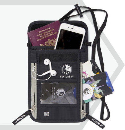 VENTURE 4TH Passport Holder Neck Wallet with RFID Blocking Nylon Lining - Hidden Neck Pouch for Travel (Black)