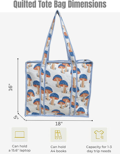Cotton Quilted Tote Bag for Women – Large Beach & Travel Tote with Zipper, Reusable Grocery Bag
