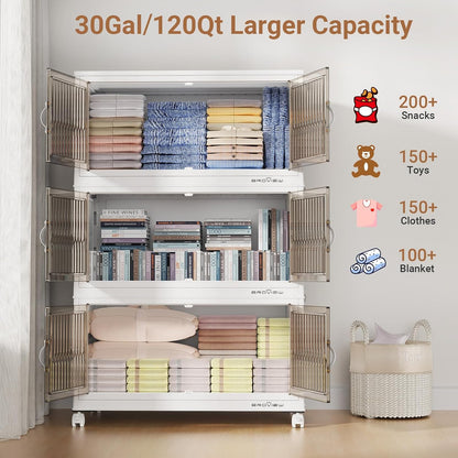 BROVIEW 480Qt Stackable Storage Bins with Lid, Extra Large Closet Organizer Collapsible Drawer Boxes with Wheels, Folding Plastic Cabinet Containers for Home Kitchen Room Organization, 4Pack White