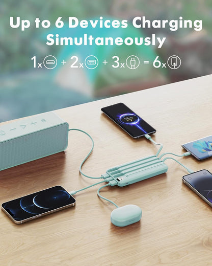 charmast Portable Charger with Built in Cables, Power Bank with Cords Wires, Slim 10000mAh Travel Battery Pack 6 Outputs 3 Inputs 3A Fast Charging for Samsung Google Pixel LG Moto iPhone iPad