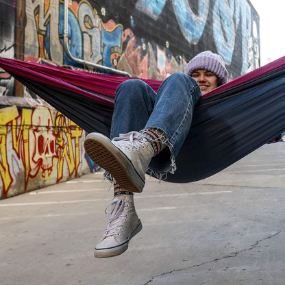 Grand Trunk Double Deluxe Parachute Nylon Hammock - 500lb Capacity Camping Hammock, 10.5x6.5ft, Lightweight & Durable (Navy/Light Blue)