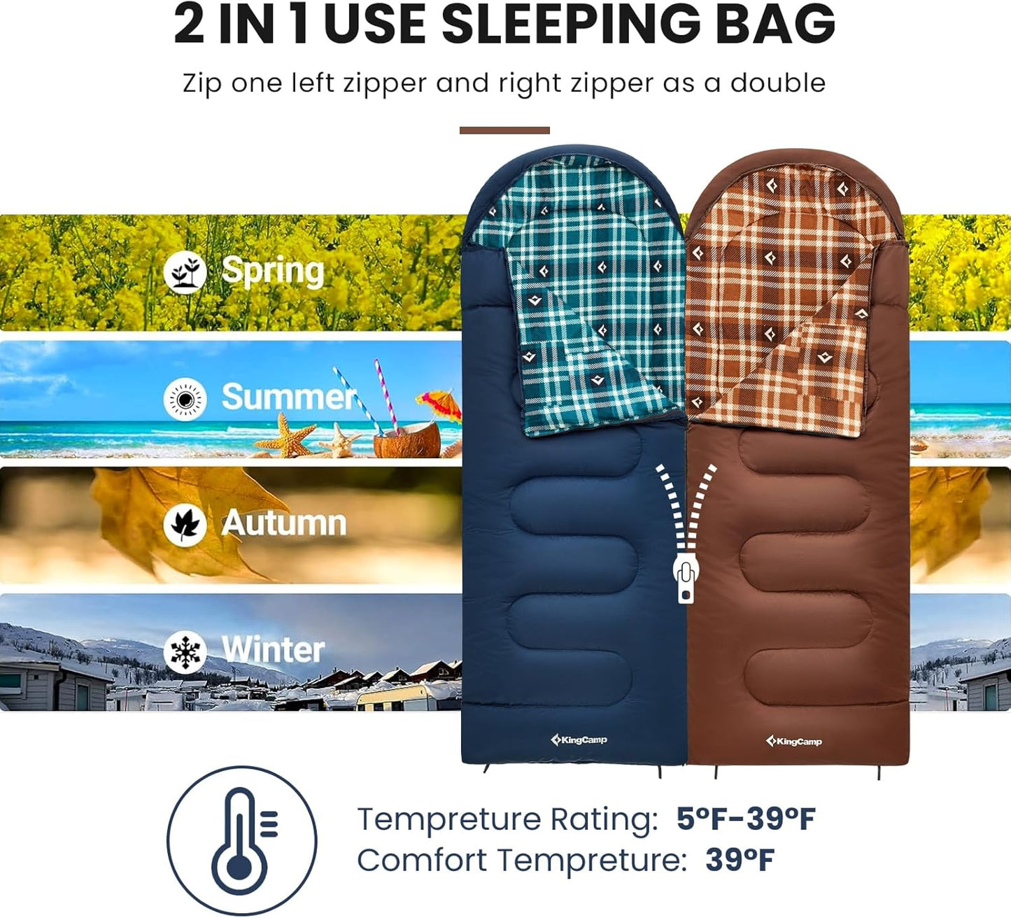 KingCamp Sleeping Bag for Adults, Cold Weather & Warm XL Big and Tall Flannel Sleeping Bags with Compression Sack Portable Waterproof Essentials Gear Accessories for Outdoor Camping