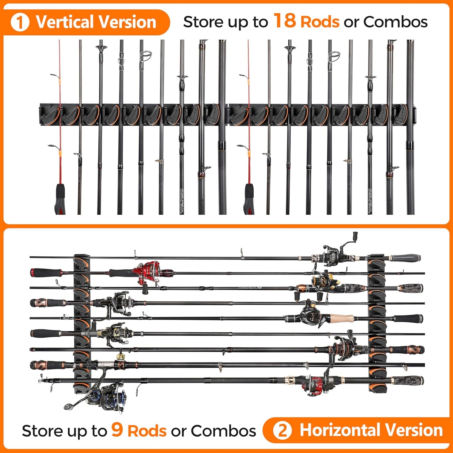 PLUSINNO V9 Vertical Fishing Rod Holders, 2 Packs Wall Mounted Fishing Pole Holders, Fishing Rod Racks Hold Up to 18 Rods or Combos, Fishing Pole Holders for Garage, Fits Most Rods of Diameter 3-19mm