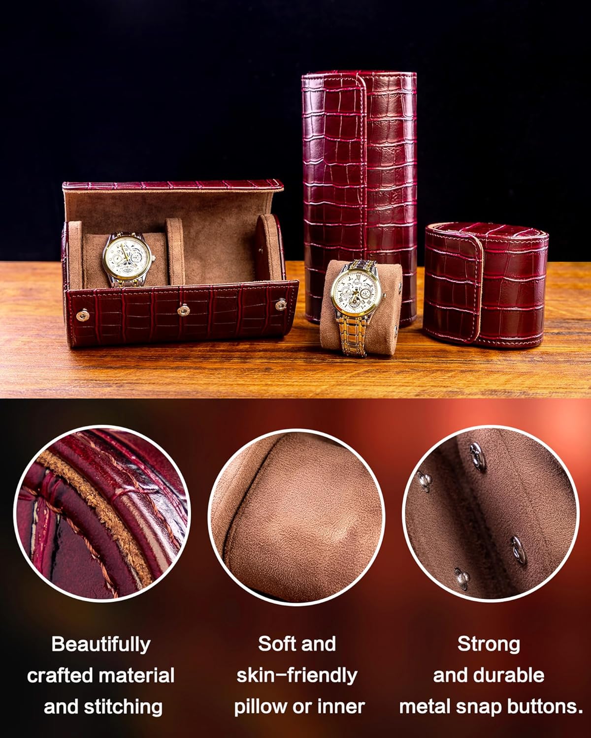 MR.OKAY 2 Watch Travel Case- Classic Leather Watch Case With Superb Texture.(Portable Watch Roll Or Organizer For Storage And Display).Festival Gift For Men, All Handcrafted By Artisans.