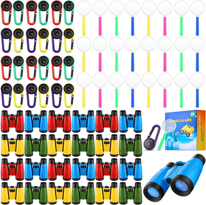 Wettarn 24 Pack Kid Mini Compact Binocular Compass Magnifying Glass Set for 3-12 Years Boy Girl Toddler Small Telescope Binocular for Kid Bird Watching Camping Hiking Exploring Outdoor Play