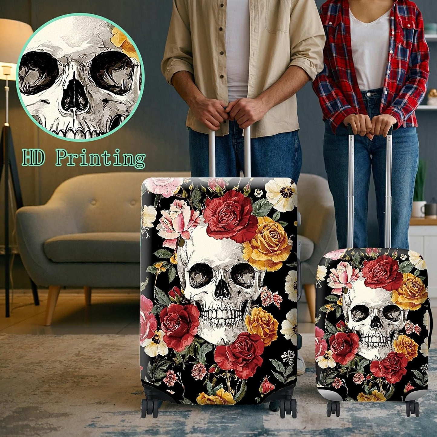 Luggage Cover Plus - Sugar Rose Skull Travel Suitcase Cover for 22-24 inch Luggage (M) with Concealed Zipper, Washable Elastic Cloth, Dustproof, Anti-Scratch